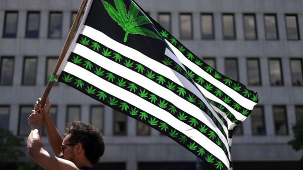 A marijuana activist holds a flag during a march on Independence Day on July 4, 2021, in Washington, D.C. (Alex Wong/Getty Images)