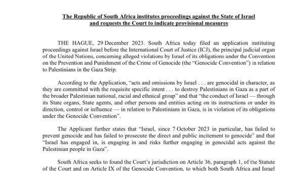 South Africa filing a case against Israel