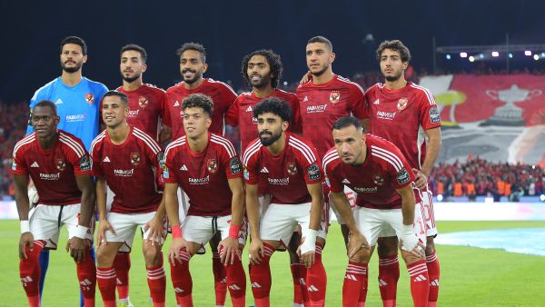 Al-Ahly's players pose for a picture ahead of the CAF Super Cup football match between Egypt's Al-Ahly and Algeria's USM Alger at the King Fahd International Stadium in Riyadh on September 15, 2023. (Photo by Abdullah Mahdi / AFP)