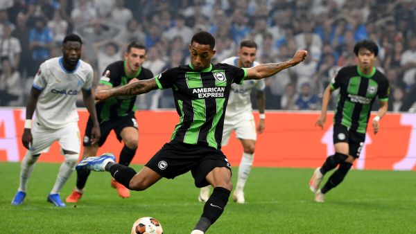 Brighton's Brazilian striker #09 Joao Pedro shoots to score a penalty kick during the UEFA Europa League Group B first leg football match between Olympique de Marseille (OM) and Brighton and Hove Albion at the Stade Velodrome, in Marseille on October 5, 2023. (Photo by Nicolas TUCAT / AFP)