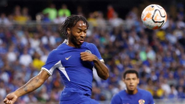 Chelsea's English midfielder Raheem Sterling jumps for the ball during a pre-season friendly football match between Chelsea FC and Borussia Dortmund BVB at Soldier Field in Chicago, Illinois, on August 2, 2023. (Photo by KAMIL KRZACZYNSKI / AFP)