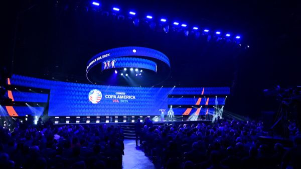General view of the stage during final draw for the Conmebol 2024 Copa America football competition at the James L. Knight Centre in Miami, Florida, on December 7, 2023. (Photo by GIORGIO VIERA / AFP)