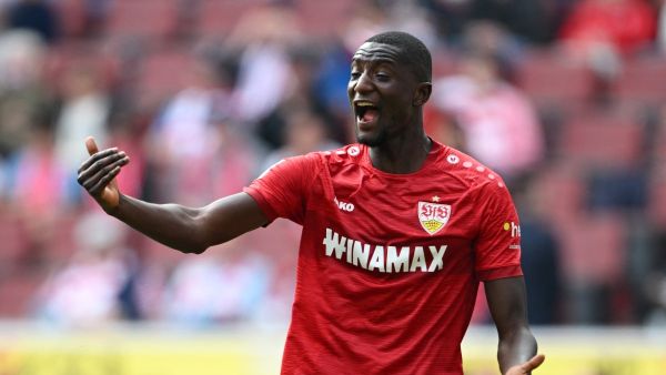 Stuttgart's Guinean forward #09 Serhou Guirassy reacts during the German first division Bundesliga football match between FC Cologne and VfB Stuttgart in Cologne, western Germany on September 30, 2023. (Photo by INA FASSBENDER / AFP)