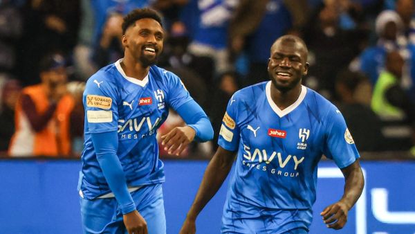 Hilal's Senegalese defender #03 Kalidou Koulibaly (R) celebrates after a goal during the Saudi Pro League football match between Al-Hilal and Al-Nassr at the King Fahd International Stadium in Riyadh on December 1, 2023. (Photo by Fayez NURELDINE / AFP)