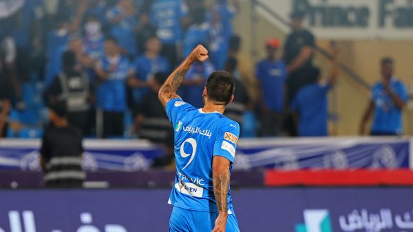 Hilal's Serbian forward #09 Aleksandar Mitrovic celebrates after scoring his team's second goal during the Saudi Pro League football match between Al-Hilal and Al-Shabab at Prince Faisal Bin Fahd Stadium in Riyadh on September 29, 2023. (Photo by Fayez NURELDINE / AFP)