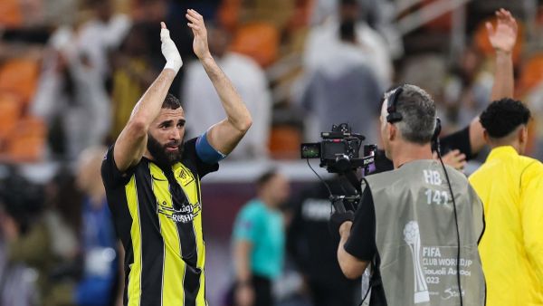 Ittihad's French forward #09 Karim Benzema (L) applauses at the end of the FIFA Club World Cup first round football match between Al-Ittihad and Auckland City at the King Abdullah Sports City stadium in Jeddah, on December 12, 2023. - Al Ittihad secured progress from the first round of the Club World Cup with a convincing 3-0 win against Auckland City. (Photo by AFP)