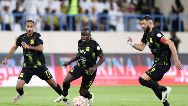 Ittihad's French forward #07 N'Golo Kante, Ittihad's French forward #09 Karim Benzema and Ittihad's Saudi midfielder #77 Saleh al-Amri advance during the Saudi Pro League football match between Al-Ittihad and Al-Akhdoud at Prince Hathloul bin Abdulaziz Stadium in Najran on September 14, 2023. (Photo by AFP)