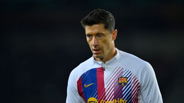 Barcelona's Polish forward #09 Robert Lewandowski looks on before the start of the Spanish league football match between FC Barcelona and Girona FC at the Estadi Olimpic Lluis Companys in Barcelona on December 10, 2023. (Photo by Pau BARRENA / AFP)