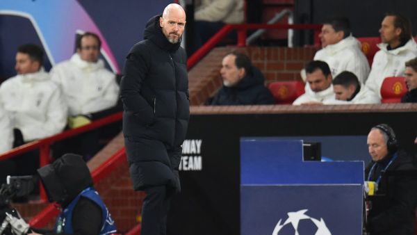 Manchester United's Dutch manager Erik ten Hag reacts during the UEFA Champions League group A football match between Manchester United and FC Bayern Munich at Old Trafford stadium in Manchester, north west England, on December 12, 2023. (Photo by PETER POWELL / AFP)
