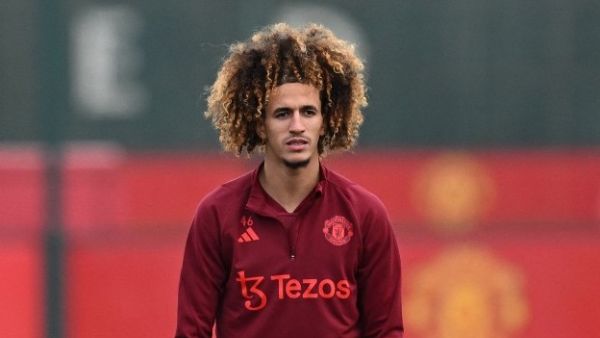 Manchester United's Tunisian midfielder #46 Hannibal Mejbri attends a training session at the Carrington Training Complex in Manchester, north-west England on October 23, 2023 ahead of their UEFA Champions League Group A football match against FC Copenhagen. (Photo by Paul ELLIS / AFP)