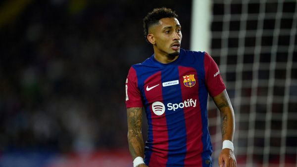 Barcelona's Brazilian forward #11 Raphinha reacts during the Spanish league football match between FC Barcelona and Girona FC at the Estadi Olimpic Lluis Companys in Barcelona on December 10, 2023. (Photo by Pau BARRENA / AFP)