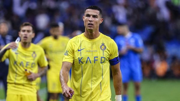 Nassr's Portuguese forward #07 Cristiano Ronaldo reacts during the Saudi Pro League football match between Al-Hilal and Al-Nassr at the King Fahd International Stadium in Riyadh on December 1, 2023. (Photo by Fayez NURELDINE / AFP)