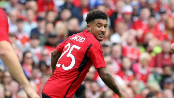 Manchester United's English striker Jadon Sancho makes a run during the pre-season friendly football match between Manchester United and Athletic Club Bilbao at the Aviva Stadium, in Dublin, on August 6, 2023. (Photo by Paul Faith / AFP)