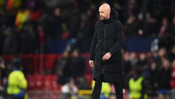 Manchester United's Dutch manager Erik ten Hag walks on the pitch after the UEFA Champions League group A football match between Manchester United and FC Bayern Munich at Old Trafford stadium in Manchester, north west England, on December 12, 2023. (Photo by PETER POWELL / AFP)