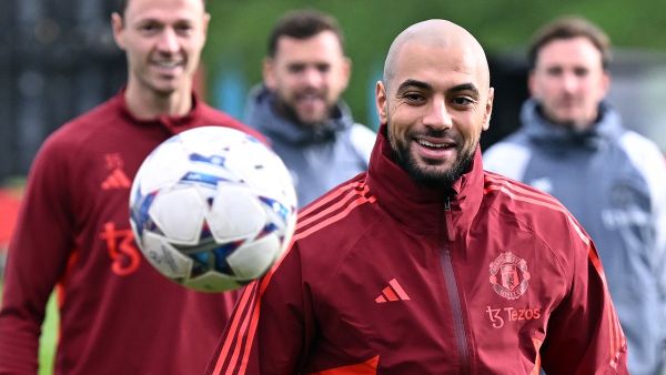 Manchester United's Moroccan midfielder #04 Sofyan Amrabat attends a training session at the Carrington Training Complex in Manchester, north-west England on November 7, 2023 on the eve of their UEFA Champions League Group A football match away against FC Copenhagen. (Photo by Paul ELLIS / AFP)