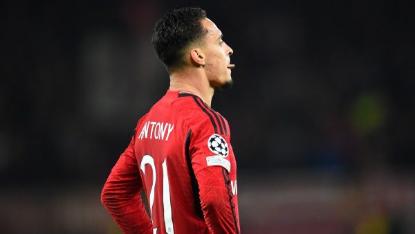 Manchester United's Brazilian midfielder #21 Antony reacts during the UEFA Champions League group A football match between Manchester United and FC Bayern Munich at Old Trafford stadium in Manchester, north west England, on December 12, 2023. (Photo by PETER POWELL / AFP)