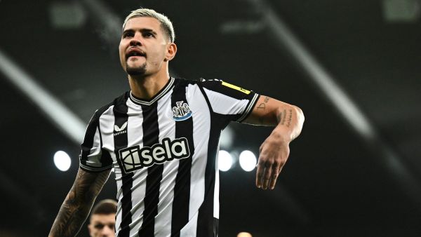 Newcastle United's Brazilian midfielder #39 Bruno Guimaraes arrives on the pitch ahead of the UEFA Champions League Group F football match between Newcastle United and AC Milan at St James' Park in Newcastle-upon-Tyne, north east England on December 13, 2023. (Photo by Paul ELLIS / AFP)