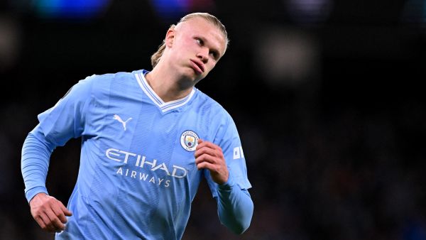 Manchester City's Norwegian striker #09 Erling Haaland reacts during the UEFA Champions League Group B second leg football match between Manchester City and Young Boys at the Etihad Stadium in Manchester, north west England, on November 7, 2023. (Photo by Oli SCARFF / AFP)