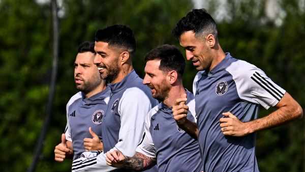 (L-R) Inter Miami CF player Spanish defender #18 Jordi Alba, Uruguayan forward #09 Luis Suarez, Argentine forward #10 Lionel Messi, Spanish midfielder #05 Sergio Busquets run during a training session at the Florida Blue Training Center next to DRV PNK Stadium in Fort Lauderdale, Florida, on January 24, 2024. Inter Miami CF will travel to Asia this upcoming February for the Club’s first-ever international tour. The team will play a match in Riyadh, Hong Kong and Tokyo, as part of the tour. (Photo by CHANDAN