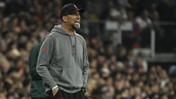 Liverpool's German coach Jurgen Klopp reacts during the UEFA Champions League last 16 second leg football match between Real Madrid CF and Liverpool FC at the Santiago Bernabeu stadium in Madrid on March 15, 2023. (Photo by JAVIER SORIANO / AFP)