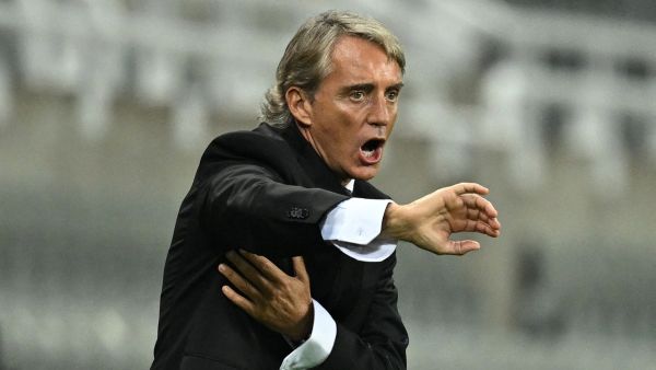 Saudi Arabia's Italian coach Roberto Mancini reacts during the international friendly football match between Saudi Arabia and Costa Rica at St James' Park in Newcastle-upon-Tyne, northeast England, on September 8, 2023. (Photo by Oli SCARFF / AFP)