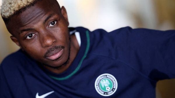 Nigeria's forward #9 Victor Osimhen answers journalists' questions at the hotel in Abidjan on January 16, 2024 during the Africa Cup of Nations (CAN) 2024 football tournament. (Photo by FRANCK FIFE / AFP)