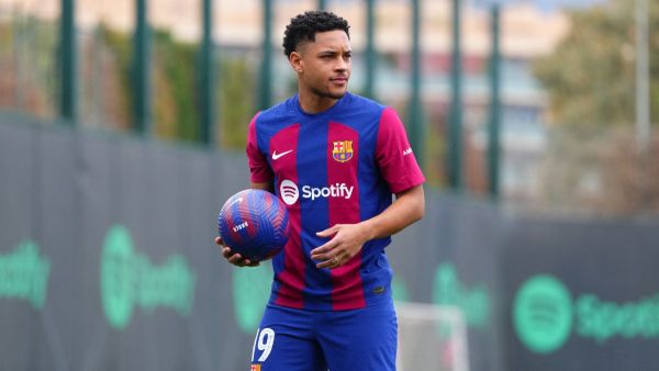 Brazilian forward Vitor Roque holds a ball during his official presentation as new player of FC Barcelona at the Joan Gamper training ground in Sant Joan Despi, near Barcelona, on January 5, 2024. (Photo by Pau BARRENA / AFP)