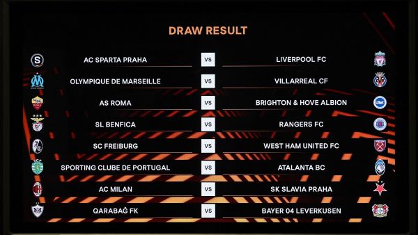 A screen displays the fixtures after the draw for the round of 16 of the 2023-2024 UEFA Europa League football tournament at the House of European Football in Nyon, on February 23, 2024. (Photo by Fabrice COFFRINI / AFP)