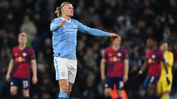 Manchester City's Norwegian striker #09 Erling Haaland celebrates scoring the team's first goal during the UEFA Champions League Group G football match between Manchester City and RG Leipzig at the Etihad Stadium, in Manchester, north west England, on November 28, 2023. (Photo by Paul ELLIS / AFP)