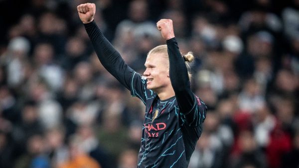 Manchester City's Norwegian striker #09 Erling Haaland celebrates after the UEFA Champions League round of 16, first-leg football match between FC Copenhagen and Manchester City in Copenhagen, Denmark, on February 13, 2024. (Photo by Mads Claus Rasmussen / AFP)