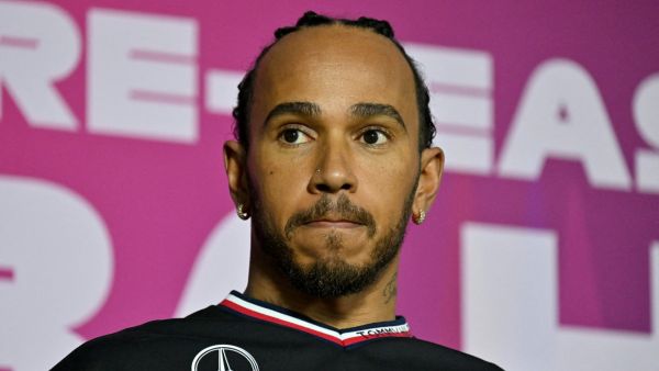 Mercedes' British driver Lewis Hamilton attends a press conference during the third day of the Formula One pre-season testing at the Bahrain International Circuit in Sakhir on February 23, 2024. (Photo by Andrej ISAKOVIC / AFP)