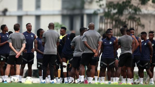 Ivory Coast's players attends a training session in Abidjan on February 6, 2024 on the eve of the 2024 Africa Cup of Nations (CAN) semi final football match between Ivory Coast and DR Congo. (Photo by FRANCK FIFE / AFP)