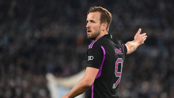 Bayern Munich's English forward #09 Harry Kane reacts during the UEFA Champions League last 16 first leg between Lazio and Bayern Munich at the Olympic stadium on February 14, 2024 in Rome. (Photo by Alberto PIZZOLI / AFP)