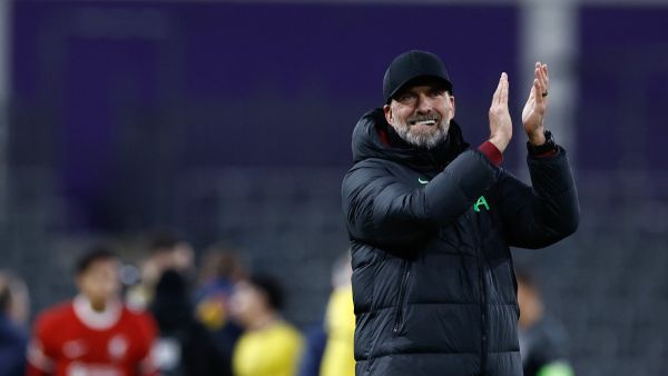 Liverpool's German manager Jurgen Klopp applauds at the end of the UEFA Europa League football match between Union Saint Gilloise and Liverpool FC at the Lotto Park in Brussels on December 14, 2023. (Photo by Kenzo TRIBOUILLARD / AFP)