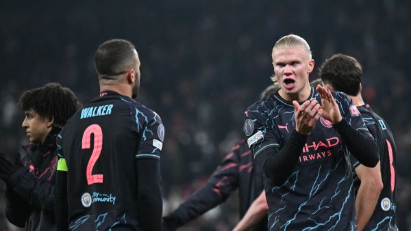 Manchester City's Norwegian striker #09 Erling Haaland celebrates after the UEFA Champions League round of 16, first-leg football match between FC Copenhagen and Manchester City in Copenhagen, Denmark, on February 13, 2024. (Photo by Jonathan NACKSTRAND / AFP)