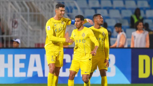 Nassr's Portuguese forward #07 Cristiano Ronaldo celebrates his goal during the AFC Champions League football match between and Saudi Arabia’s Al-Feiha and Saudi Arabia's Al-Nassr at Prince Faisal Bin Fahd Stadium in Riyadh on February 14, 2024. (Photo by Fayez NURELDINE / AFP)