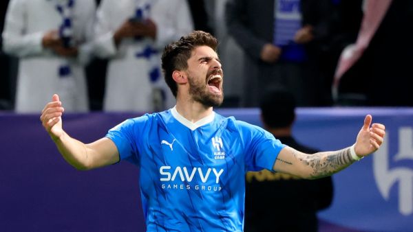 Hilal's Portuguese midfielder #08 Ruben Neves celebrates after scoring his team's second goal during the AFC Champions League football match between Saudi Arabia's Al-Hilal SFC and Iran’s Sepahan FC at the Kingdom Arena Stadium in Riyadh on February 22, 2024. (Photo by Fayez NURELDINE / AFP)