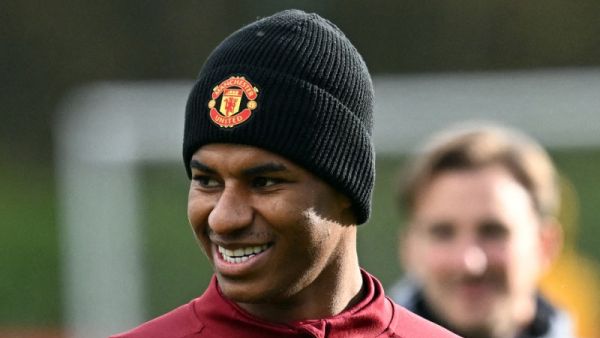 Manchester United's English striker #10 Marcus Rashford smiles as he attends a training session at the Carrington Training Complex in Manchester, north-west England on November 7, 2023 on the eve of their UEFA Champions League Group A football match away against FC Copenhagen. (Photo by Paul ELLIS / AFP)