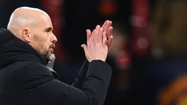 Manchester United's Dutch manager Erik ten Hag claps after the UEFA Champions League group A football match between Manchester United and FC Bayern Munich at Old Trafford stadium in Manchester, north west England, on December 12, 2023. (Photo by PETER POWELL / AFP)