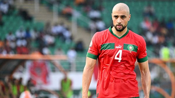 Morocco's midfielder #4 Sofyan Amrabat looks on during the Africa Cup of Nations (CAN) 2024 group F football match between Morocco and Tanzania at Stade Laurent Pokou in San Pedro on January 17, 2024. (Photo by SIA KAMBOU / AFP)