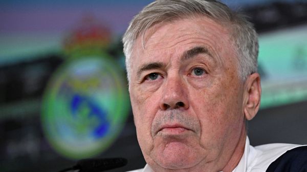 Real Madrid's Italian coach Carlo Ancelotti gives a press conference at the Ciudad Real Madrid training ground in Valdebebas, outskirts of Madrid, on February 24, 2024. (Photo by JAVIER SORIANO / AFP)