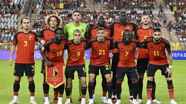 Belgium's players pose for a photograph ahead of the Euro 2024 football tournament group F qualifying match between Belgium and Estonia at King Baudouin Stadium in Brussels, on September 12, 2023. (Photo by JOHN THYS / AFP)