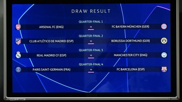 The results are displayed after the 2023-2024 UEFA Champions League football tournament quarter-finals and semi-finals draw at the House of European Football in Nyon, on March 15, 2024. (Photo by Fabrice COFFRINI / AFP)