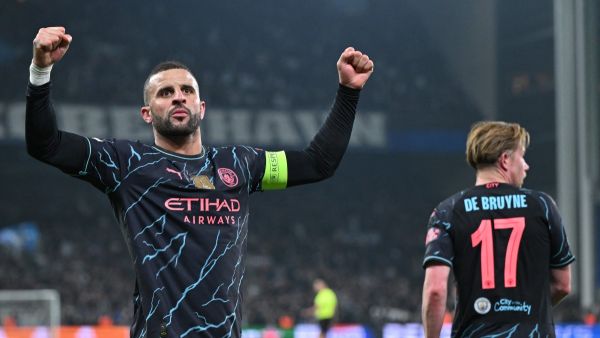 Manchester City's English defender #02 Kyle Walker celebrates during the UEFA Champions League round of 16, first-leg football match between FC Copenhagen and Manchester City in Copenhagen, Denmark, on February 13, 2024. (Photo by Jonathan NACKSTRAND / AFP)