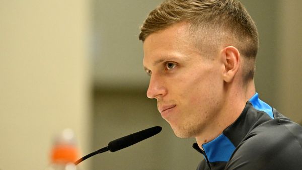 Leipzig's Spanish forward #07 Dani Olmo gives a press conference on the eve of their UEFA Champions League last 16 second leg football match against Real Madrid CF at the Santiago Bernabeu stadium in Madrid on March 5, 2024. (Photo by JAVIER SORIANO / AFP)