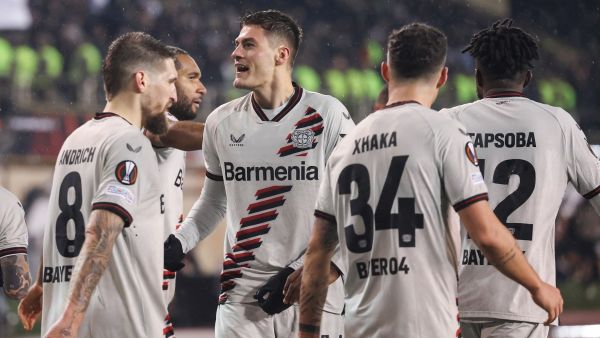 Bayer Leverkusen's Czech forward #14 Patrik Schick (C) celebrates scoring his team's second goal with teammates during the UEFA Europa League round of 16 first leg football match between Qarabag FK and Bayer 04 Leverkusen at Tofiq Bahramov Republican Stadium in Baku on March 7, 2024. (Photo by Giorgi ARJEVANIDZE / AFP)