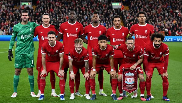 Liverpool players pose for a team photo ahead of kikc off in the UEFA Europa League group E football match between Liverpool and Royale Union Saint-Gilloise at Anfield in Liverpool, north west England on October 5, 2023. (Photo by Oli SCARFF / AFP)