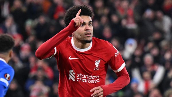 Liverpool's Colombian midfielder #07 Luis Diaz celebrates after scoring the opening goal of the UEFA Europa League group E football match between Liverpool and Linzer ASK at Anfield in Liverpool, north west England on November 30, 2023. (Photo by Oli SCARFF / AFP)