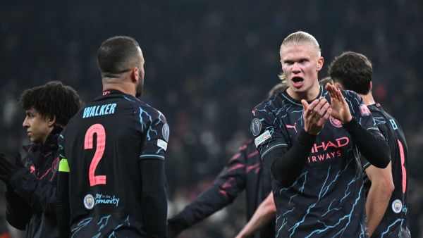 Manchester City's Norwegian striker #09 Erling Haaland celebrates after the UEFA Champions League round of 16, first-leg football match between FC Copenhagen and Manchester City in Copenhagen, Denmark, on February 13, 2024. (Photo by Jonathan NACKSTRAND / AFP)
