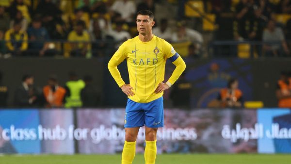 Nassr's Portuguese forward #07 Cristiano Ronaldo reacts after his team conceded a second goal during the Saudi Pro League football match between Al-Nassr and Al-Raed in Riyadh's Al-Awal Park Stadium on March 7, 2024. (Photo by Fayez NURELDINE / AFP)